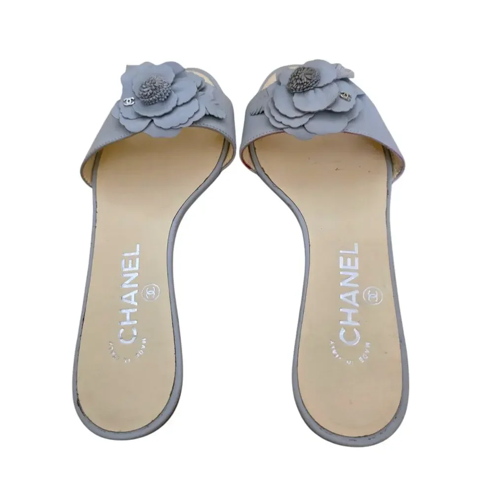 Chanel Blue Gray Leather CC Logo Camellia Flat Slide Sandals IT 36 US 5.5 - Picture 6 of 12